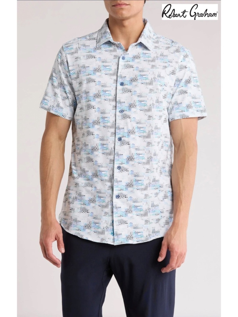 ROBERT GRAHAM NWT PEREZ S/S STRETCH WHITE/BLUE COTTON SHIRT. SIZE XL